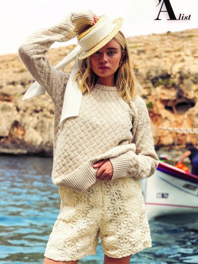 "Clouded Squares" Sweater, Waist Length Edition, Organic White